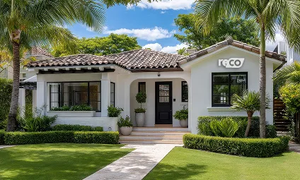 White single-story house with tiled roof, black door, and landscaped front yard with palm trees.