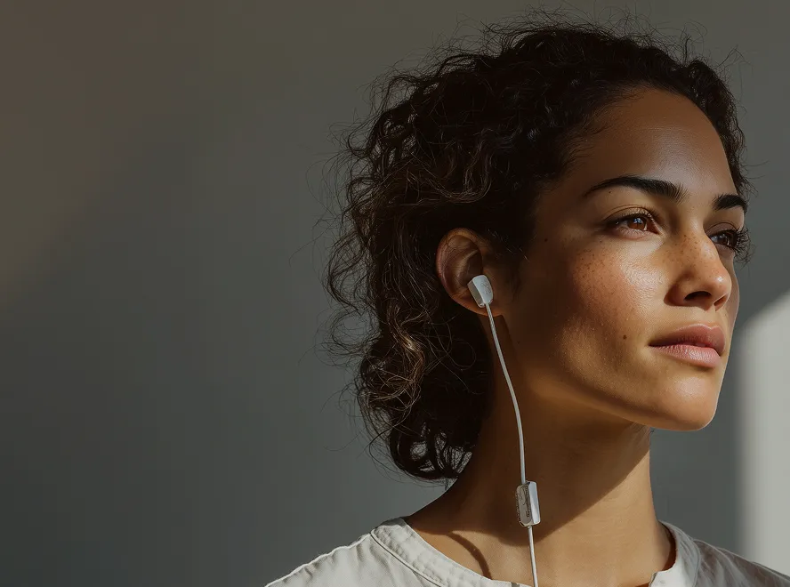 Close-up of a woman with curly hair wearing white earbuds, looking thoughtfully to the right with soft lighting on her face.