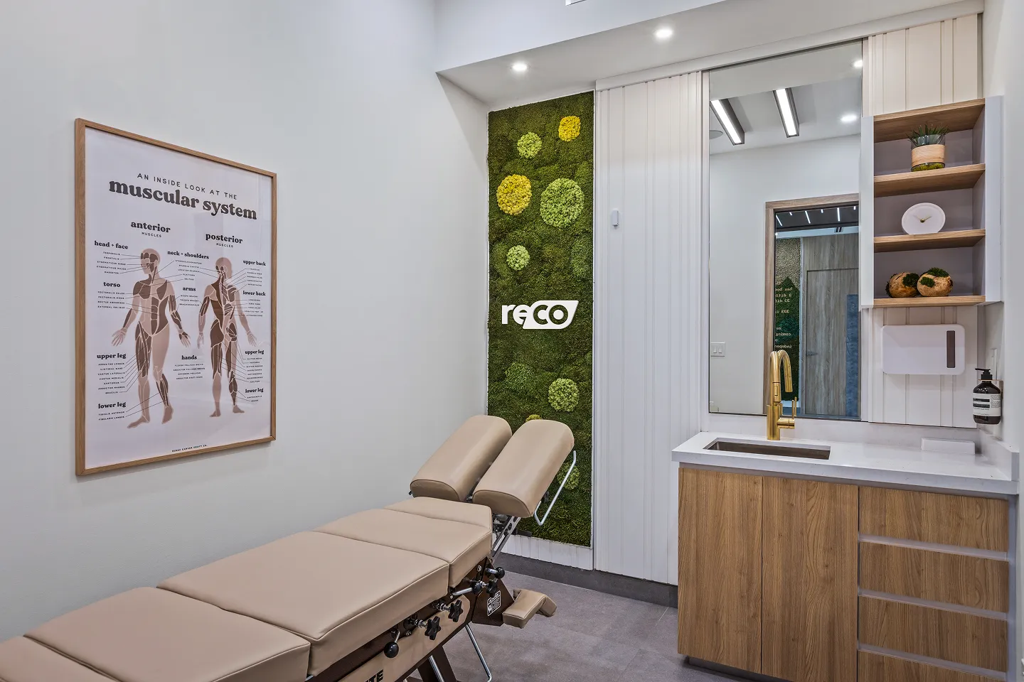 Medical examination room with a beige adjustable treatment table, a muscular system poster on the wall, and a modern sink with a wooden cabinet and gold faucet.