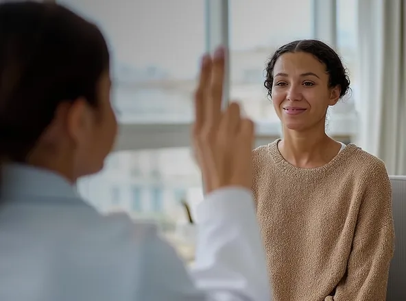 A woman in a brown sweater attentively watching another person making a sign with their fingers, likely communicating using sign language.