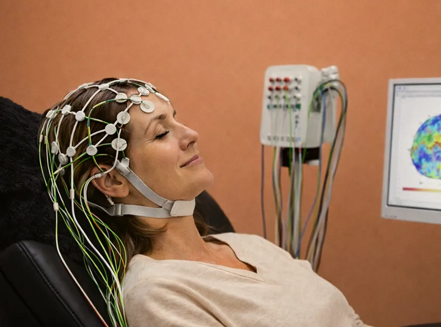 Woman with electroencephalogram (EEG) electrodes attached to her head relaxing in a chair with brain activity displayed on a nearby monitor.