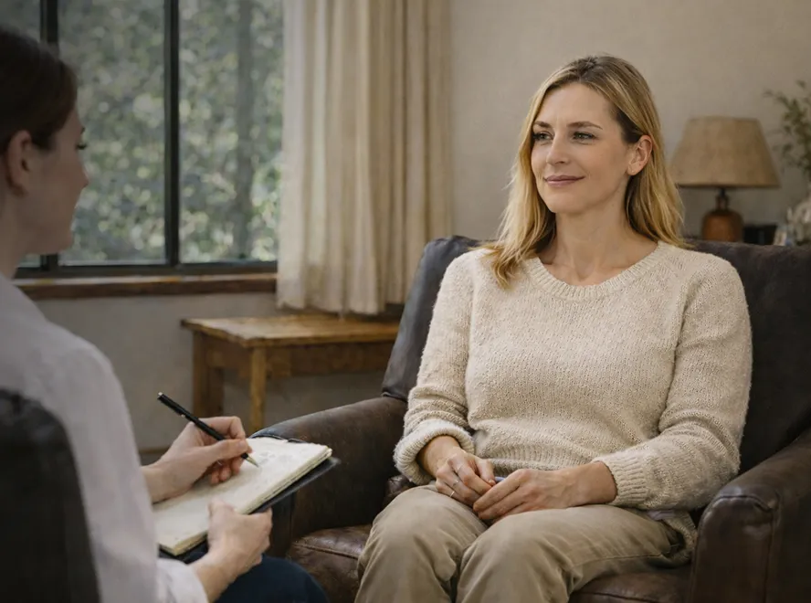 Woman in beige sweater sitting on a brown armchair talking to a therapist who is taking notes.